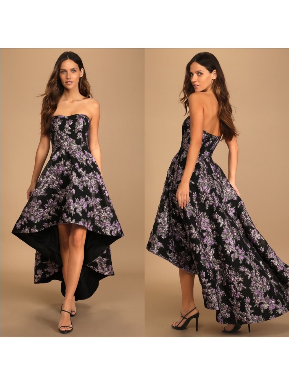 Lulu's Black Strapless High-Low Dress with Lavender Floral Print